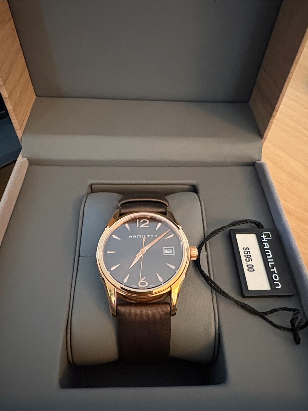 Hamilton Viewmatic Jazzmaster Rose Gold Case Blue Dial Brown Leather Strap Watch
